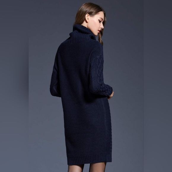 Woven Right Navy Full Size Mixed Knit Cowl Neck Dropped Shoulder Sweater Dress - Picture 2 of 3